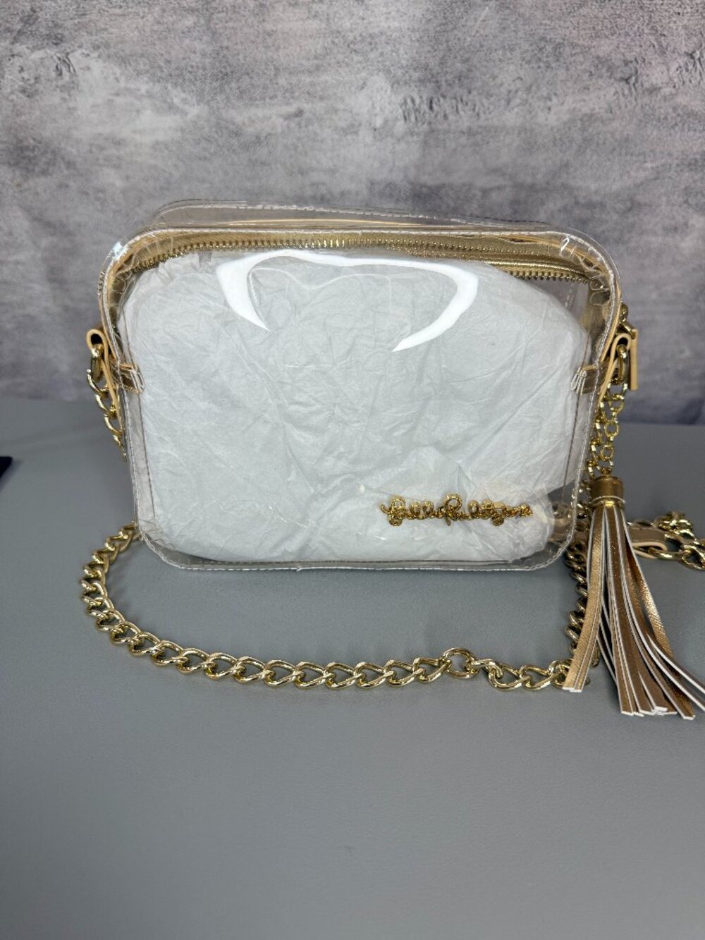 Lilly Pulitzer Clear Crossbody / Shoulder Bag with Gold leather trim / hardware